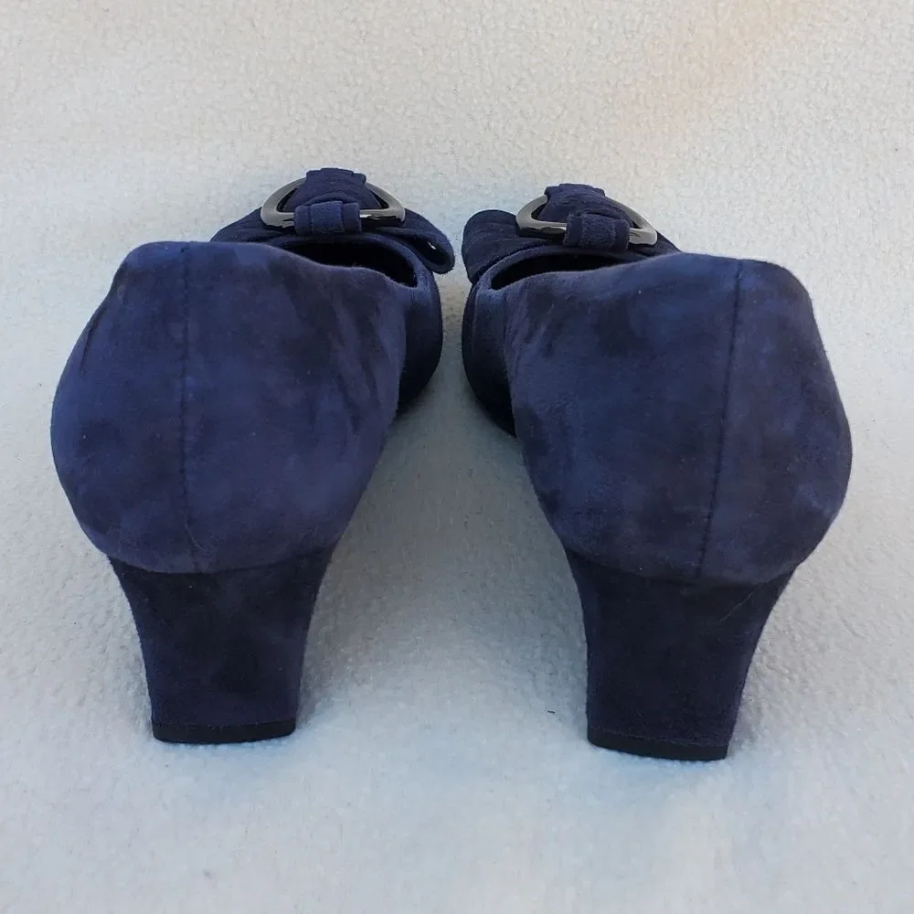 Vaneli blue suede wedges with attached ribbon buckle